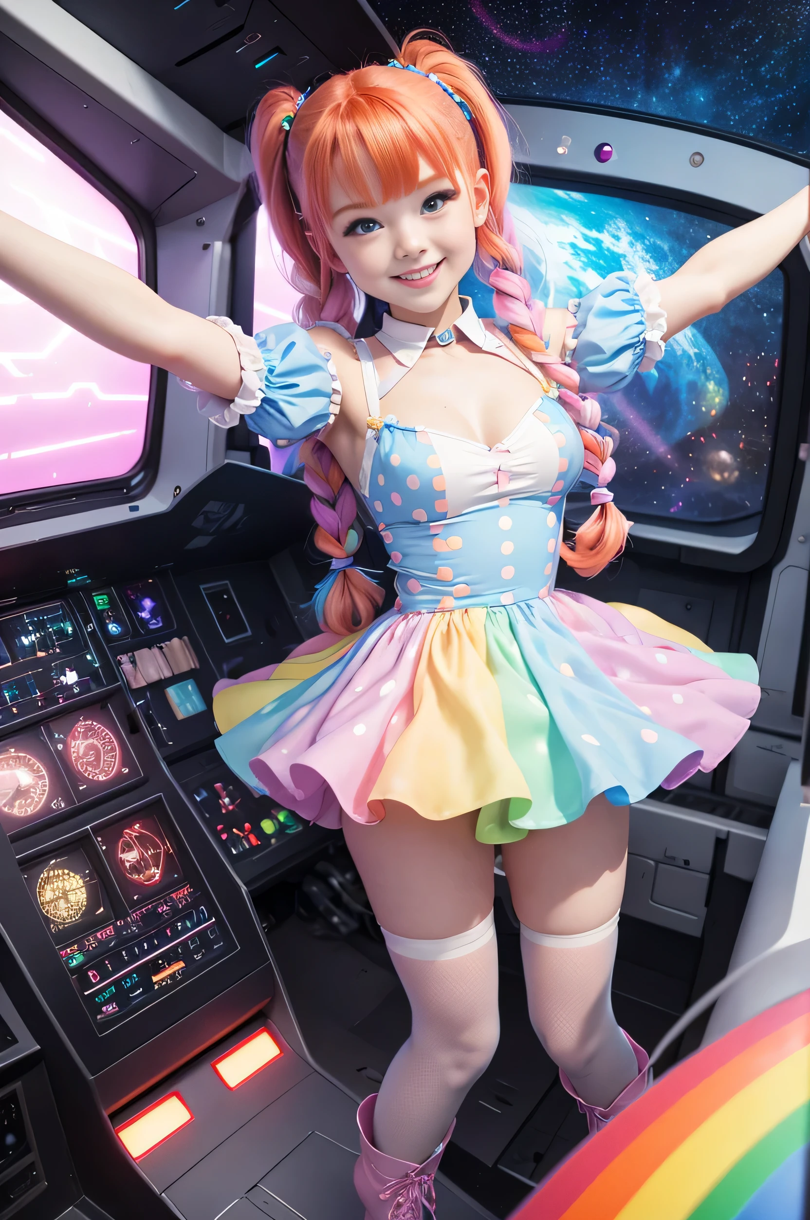 (overhead view) Cute redhead with rainbow colored hair tips, ribbons in her hair, 18-year-old woman, happy, smiling, in twin tails, perfect eyes, clear sparkling blue eyes, pale skin, silky smooth skin, flying a fancy metal luxurious space ship, futuristic cockpit, she's a pilot, outer space seen in windows, dark warm lighting, wearing a futuristic party dress, pleated (chemise) mini dress (pastel rainbow colors, and polka dots), puffy sleeves, silk, wearing full body pantyhose, cute short cut booties, boots.