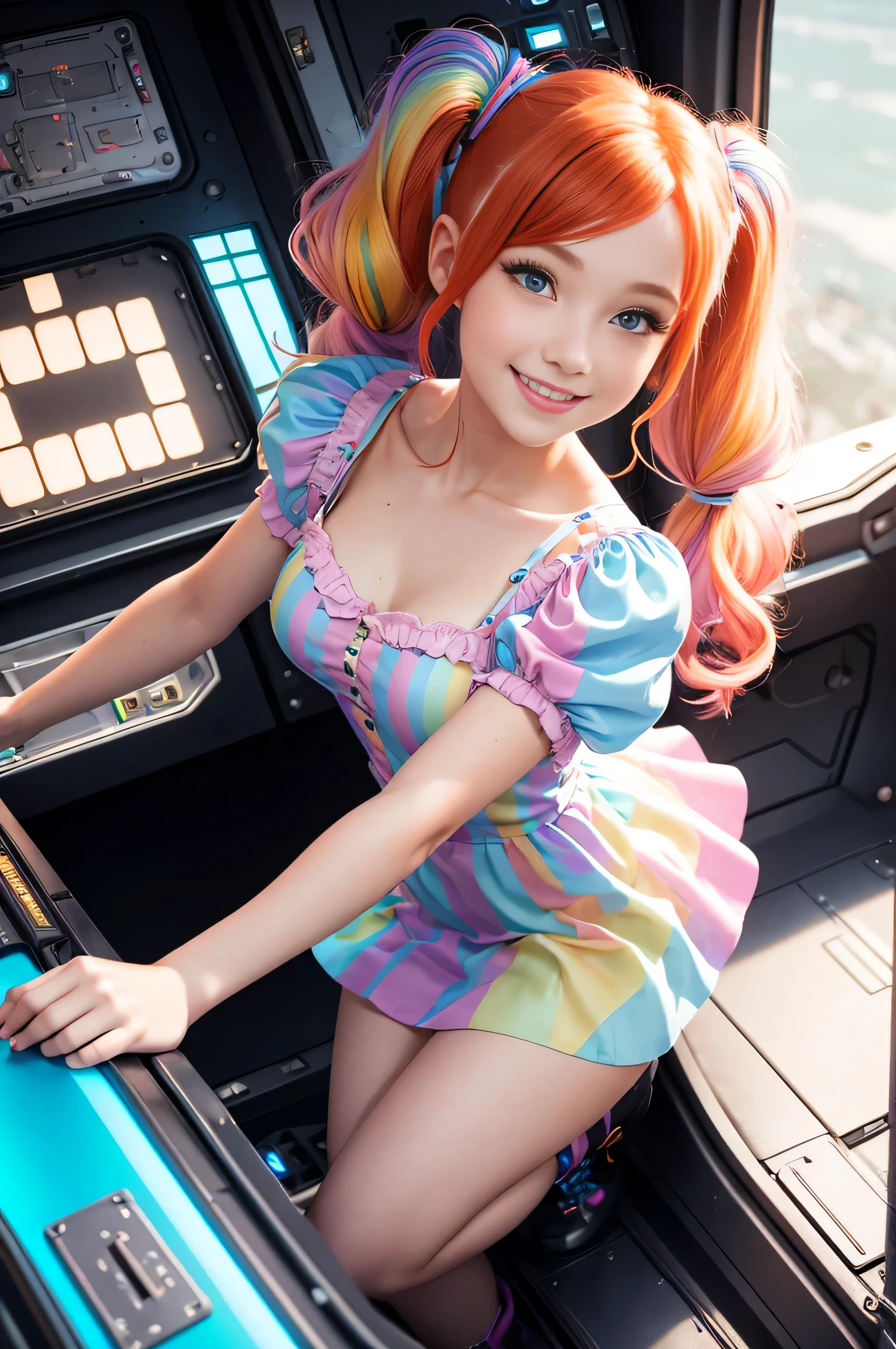 (overhead view) Cute redhead with rainbow colored hair tips, ribbons in her hair, 18-year-old woman, happy, smiling, in twin tails, perfect eyes, clear sparkling blue eyes, pale skin, silky smooth skin, flying a fancy metal luxurious space ship, futuristic cockpit, she's a pilot, outer space seen in windows, dark warm lighting, wearing a futuristic party dress, pleated (chemise) mini dress (pastel rainbow colors, and polka dots), puffy sleeves, silk, pantyhose, cute short cut booties, boots.