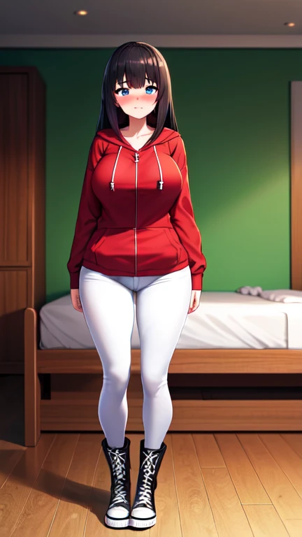 (5 foot 5 inch Anime girl wearing a red zip up hoodie over a shirt, (white jeans), and black knee high lace up converse boots with round toes), Large breasts, thick thighs, cute, full body image, black long hair, light blue eyes, quality images, ((high quality faces)), bedroom, standing, (blushing and embarrassed)