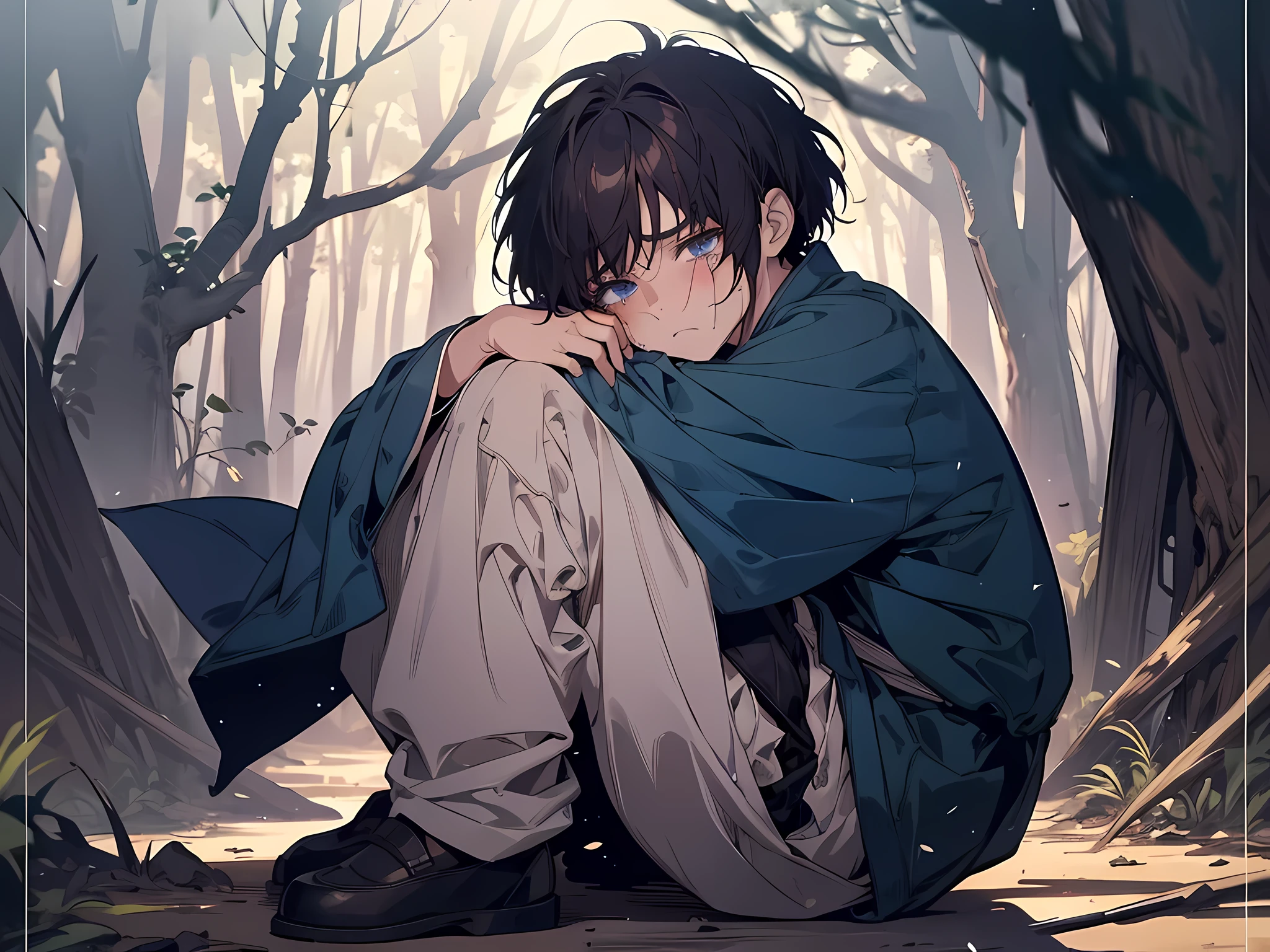 1 little ???, wearing han dynasty outfit, seriously injured, navy hair color, short hair, black eye color, face to detail, detailed eyes, crying, scared expression, the background is in the hovel in middle of forest, full-body illustration