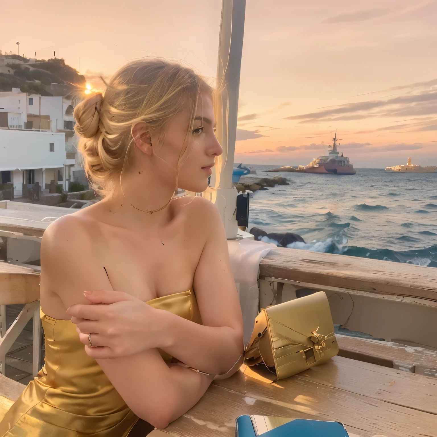 Pretty blonde girl in her 20s sitting at a table with a cell phone, cristina kritkou, por Alexis Grimou, meni chatzipanagiotou, imagen de perfil, por Niko Henrichon, 🤬 🤮 💕 🎀, Junto al mar, en el mar, by Tom Wänerstrand, en un entorno frente al mar, paradise in the background