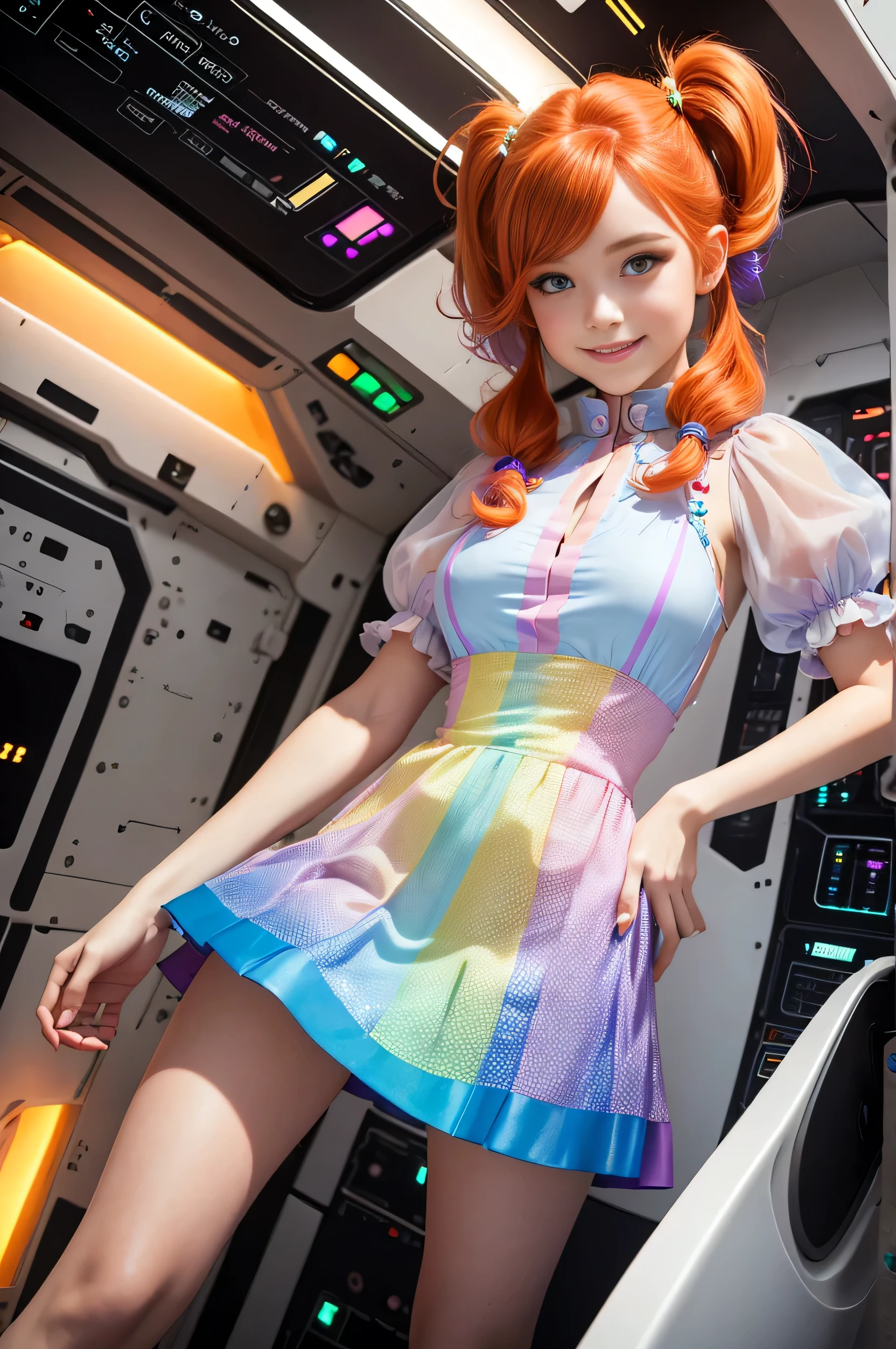 (overhead view) Cute redhead with rainbow colored hair tips, ribbons in her hair, 18-year-old woman, happy, smiling, in twin tails, perfect eyes, clear sparkling blue eyes, pale skin, silky smooth skin, flying a fancy metal luxurious space ship, futuristic cockpit, she's a pilot, outer space seen in windows, dark warm lighting, wearing a futuristic party dress, pleated (chemise) mini dress (pastel rainbow colors, and polka dots), puffy sleeves, silk, wearing full body pantyhose, cute short cut booties, boots.