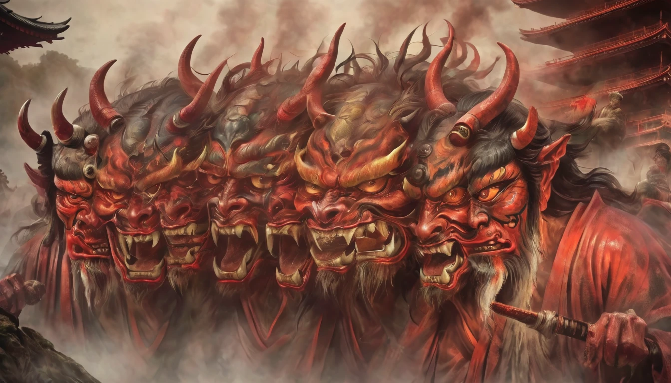 Procession of a japan Demons, Ancient Japan, Realism, Realistic Details, Mysterious, Mysterious, 8k Resolution, Stunning Visuals, ultra-detailed, full body, photo realistic