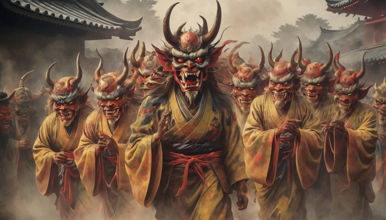 Procession of a japan Demons, Ancient Japan, Realism, Realistic Details, Mysterious, Mysterious, 8k Resolution, Stunning Visuals, ultra-detailed, full body, photo realistic