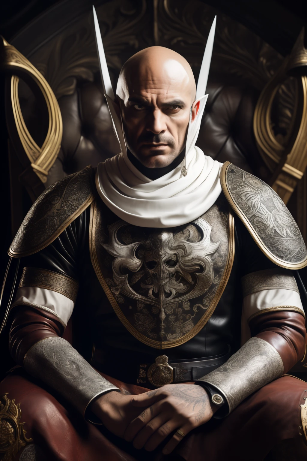 jester, frown, expressive eyes, bald, scythe, blood, white painted face, plumed helmet, intricated outfit, luxurious outfit, leather armoured gloves, horned plumed helmet, hyperdetailed artwork, dilapidated throne background