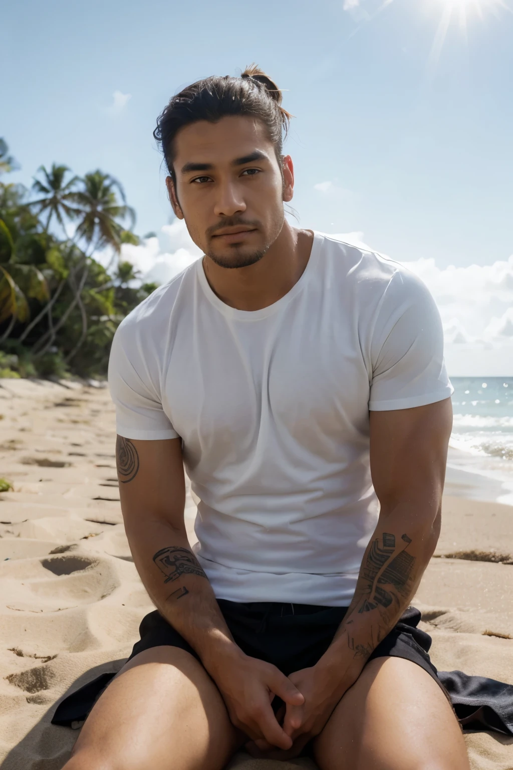 ((best quality)), ((masterpiece)), ((high res)), ((perfect photograph)), ((realistic)), (perfect face), handsome Polynesian man wearing a straight black shirt, looking towards the sun, light shining on shirt, no wrinkles in shirt, sitting on a beach towel facing the camera, on beach, man bun hair, tattoos, scruffy facial hair, skinny, tall, wearing white shorts, happy, sunny day