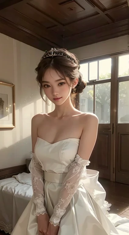 (best quality,actual:1.37),renaissance minimalism,beautiful girl,beautiful legs,detailed eyes,subtle color palette,methodical,great atmosphere,shining light,Soft light and shadow,vivid emotional depiction,Timeless elegance,meticulous attention to detail,delicate and delicate texture,harmonious composition,Low angle perspective,Unobtrusive beauty,Classical art,calm environment,Unique perspective.whole body像,long legs,high heels,smiling face,luxurious tiara,Clothes that show the thighs, drawn action: That girl has to do kickboxing. . video 、when doing a high kick, Need to convey a sense of dynamic movement:1.4),(The wind blows and lifts up my brown skirt,I can see your pants:1.3)16 year old girl,(whole body:1.3)