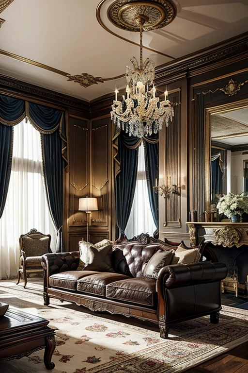 Living room decorated in European style, a luxurious and refined atmosphere. Intricate interior decoration details emphasize the refined style of the room, while a carefully considered decoration design adds an impeccable finishing touch