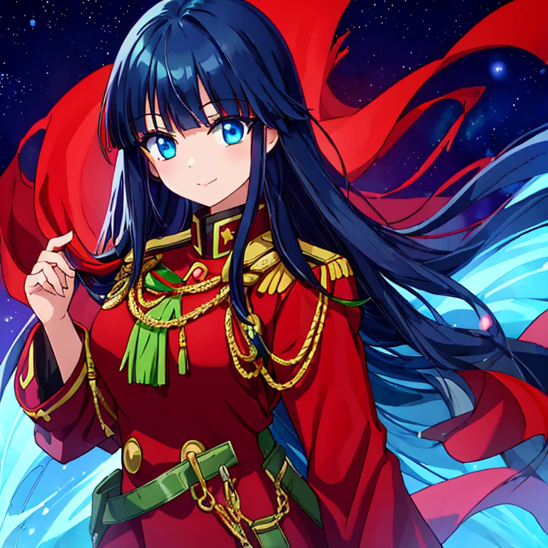 A girl with long black hair wearing a red and green military uniform,Blue inner color for hair,have bangs,eyes are blue,shining blue eyes,red military uniform and green cloak,beauty,slight smile