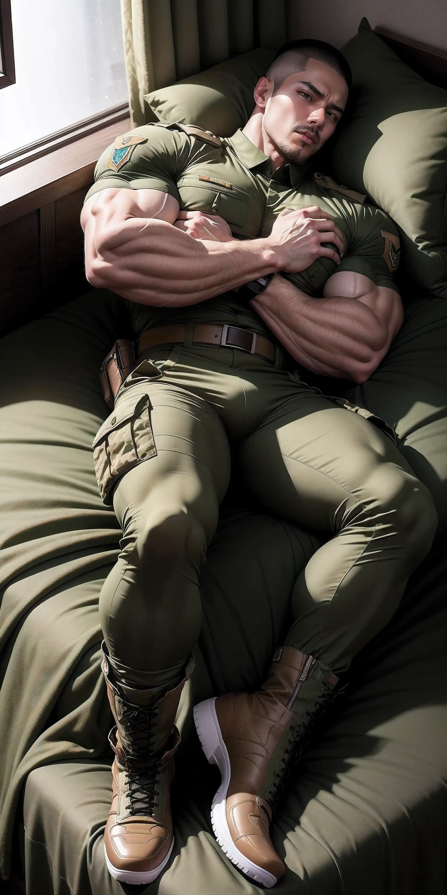 Sad crying tall giant muscular man.，Khaki camouflage military uniform，Sleeping on a soft dark green mattress，strong tough guy，Buzz Cut，身穿Khaki camouflage military uniform，Sleeping on a soft dark green mattress， Sad expression，Deep and charming eyes，The hero with emerald pupils，heroic male pose，高大burly，muscular！Charming leg muscles，High, burly, Heqiang， 身穿Khaki camouflage military uniform， Super gain and cool， high resolution committee， Big feet in black boots，Charming strong man，The bright sunshine shines on you