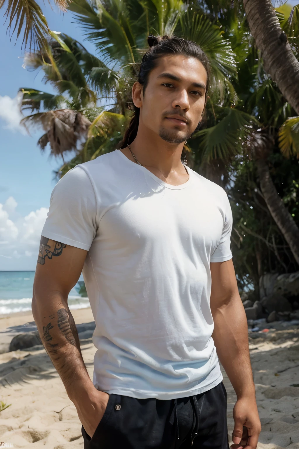 ((best quality)), ((masterpiece)), ((high res)), ((perfect photograph)), ((realistic)), (perfect face), handsome Polynesian man wearing a straight black shirt, looking towards the sun, light shining on shirt, no wrinkles in shirt, standing towards the camera, on beach, man bun hair, tattoos, scruffy facial hair, skinny, tall, wearing white shorts, happy, sunny day