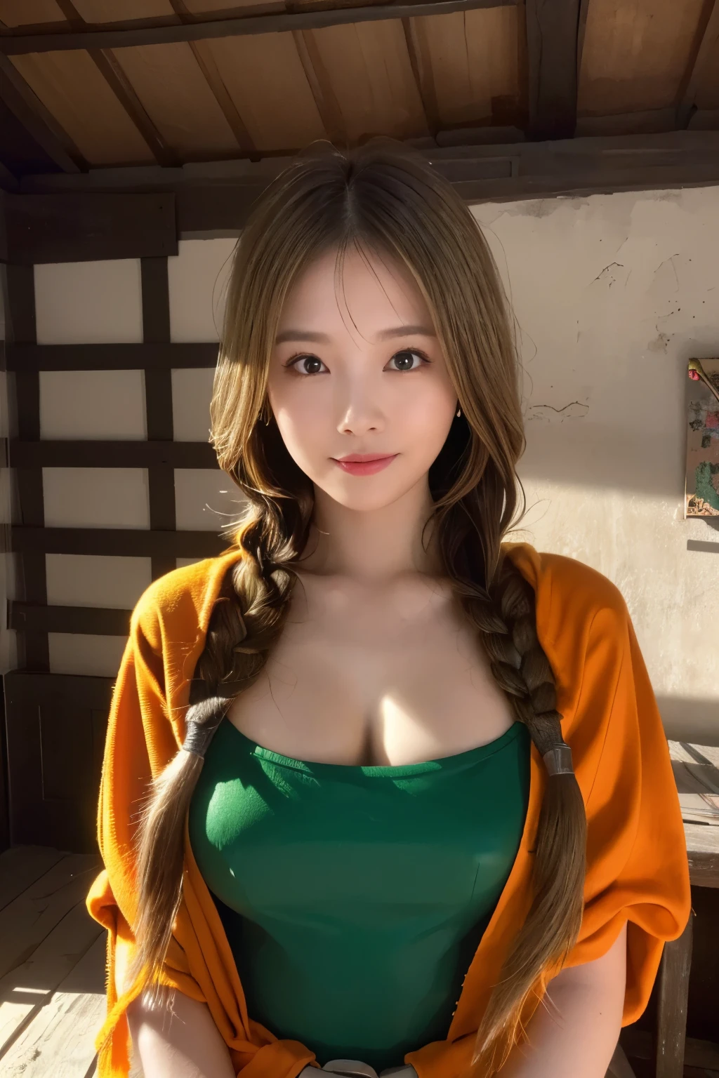 masterpiece、1 beautiful girl、fine eyes、puffy eyes、highest quality, 超High resolution, (reality: 1.4), movie lighting、Japanese、asian beauty、Korean、super beautiful、beautiful skin、body facing forward、close up of face、(超reality的な)、(High resolution)、(8K)、(very detailed)、(美しくfine eyes)、(Super detailed)、 (wall-)、detailed face、bright lighting、professional lighting、nice smile,looking at the viewer、look straight ahead、slanted bangs、Nogizaka idol、korean idol、fiery idol pose、(masterpiece, highest quality, High resolution, 32K), Bianca_DQ5, woman, (blonde hair:1.1, long blonde hair, braid hair:1.1, green dress, Orange cloak, black long boots:1.1, huge breasts:1.55, perfect slim body:1.2), (In an abandoned hut, Shabby hut, Messy hut, deep-forest,, dark atmosphere:1.2), 壮大なreality的, faded, ((neutral color)), (calm colors:1.2), super detailed, (art station:1.5), cinematic, warm light, dramatic light, (intricate details:1.1), (natural skin texture, hyper realism, soft light, sharp:1.2), (detailed face, super dense skin),