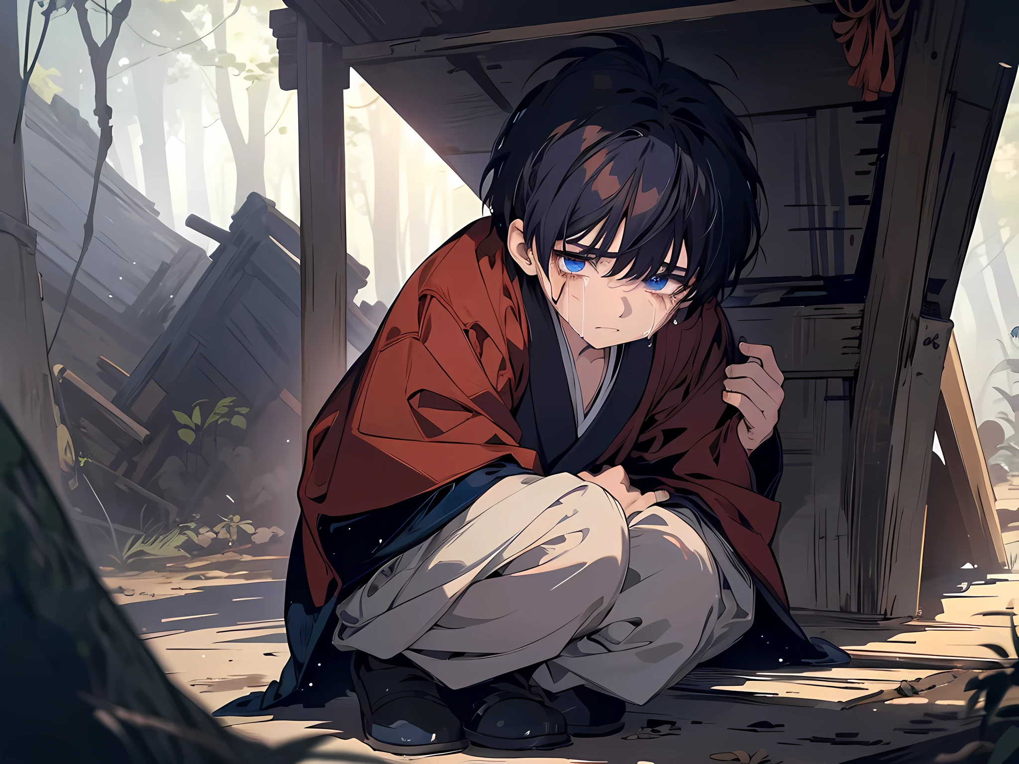 1 , wearing han dynasty outfit, seriously injured, navy hair color, short hair, black eye color, face to detail, detailed eyes, crying, scared expression, the background is in the hovel in middle of forest, full-body illustration