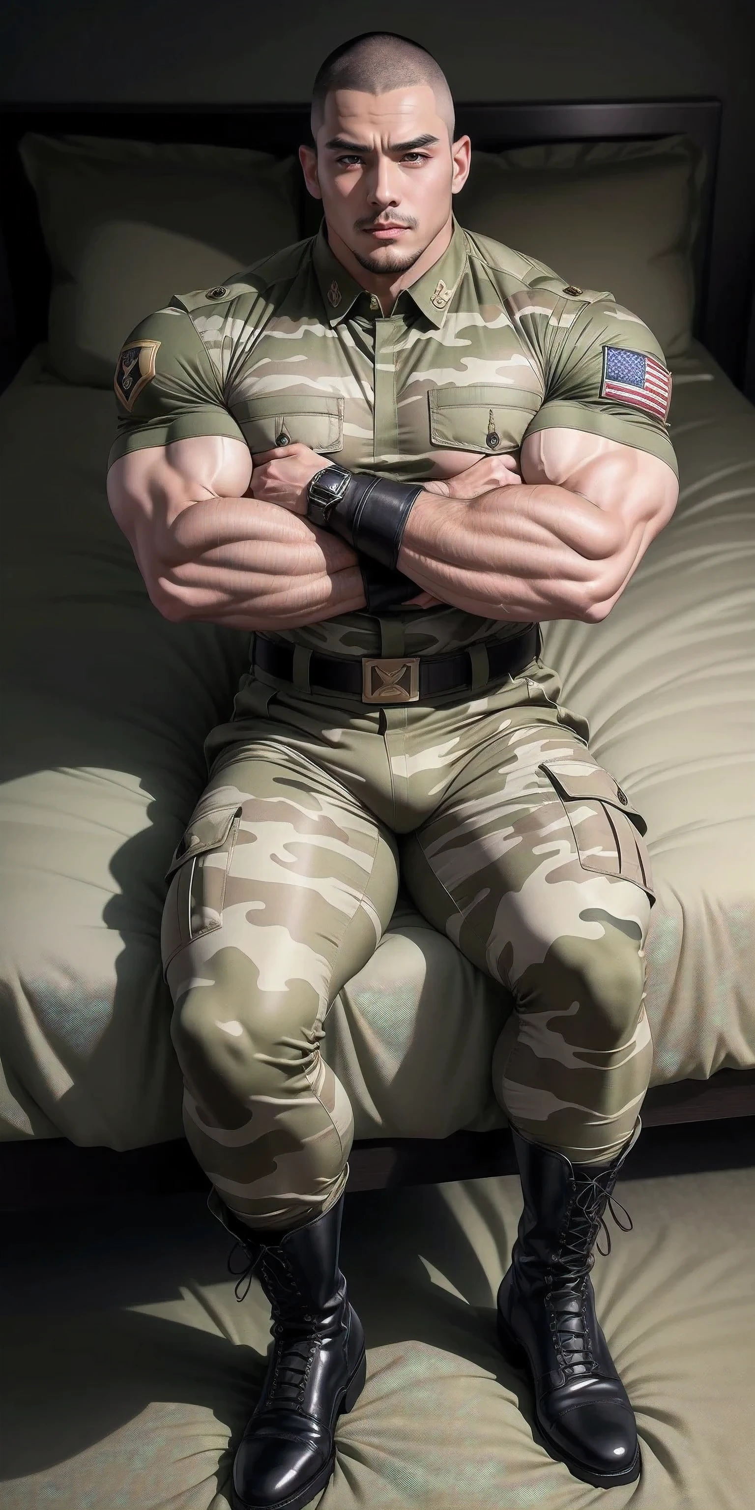 Sad crying tall giant muscular man.，Khaki camouflage military uniform，Sleeping on a soft dark green mattress，strong tough guy，Buzz Cut，身穿Khaki camouflage military uniform，Sleeping on a soft dark green mattress， Sad expression，Deep and charming eyes，The hero with emerald pupils，heroic male pose，高大burly，muscular！Charming leg muscles，High, burly, Heqiang， 身穿Khaki camouflage military uniform， Super gain and cool， high resolution committee， Big feet in black boots，Charming strong man，The bright sunshine shines on you