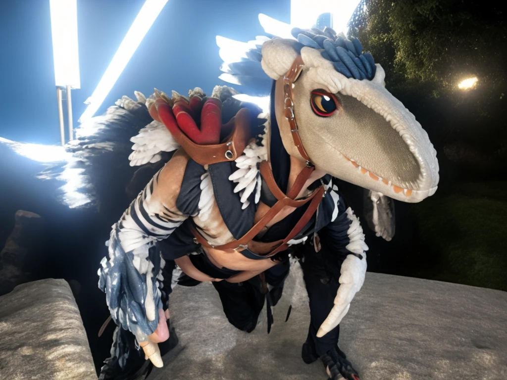 Ultra high resolution, best quality, masterpiece, mirror reflection,  (half transformation), young male human feathered deinonychus mascot girl animatronic fursuit hybridization metamorphosis, in dark abandoned unlit bathroom, (part human:1.6) (part feral:1.3), (red:1.9) (black:1.5) (gunmetal:1.4) (striped:1.2) (spotted:1.1), ((liquid goo partial dripping encasement)), Five nights at Freddy’s style, you stare at your reflection in horror as you morph into a decrepit haunted cursed animatronic feathered deinonychus mascot girl, transgender metamorphosis male to female.