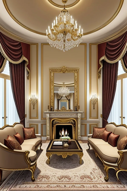 Living room decorated in European style, a luxurious and refined atmosphere. Intricate interior decoration details emphasize the refined style of the room, while a carefully considered decoration design adds an impeccable finishing touch