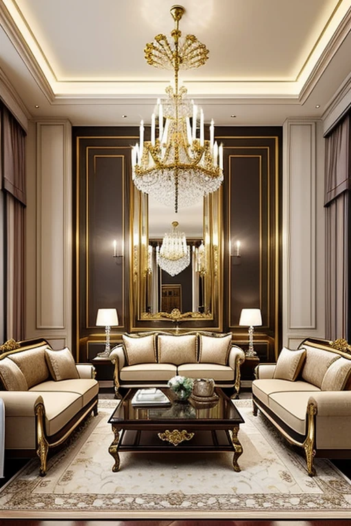 Living room decorated in European style, a luxurious and refined atmosphere. Intricate interior decoration details emphasize the refined style of the room, while a carefully considered decoration design adds an impeccable finishing touch