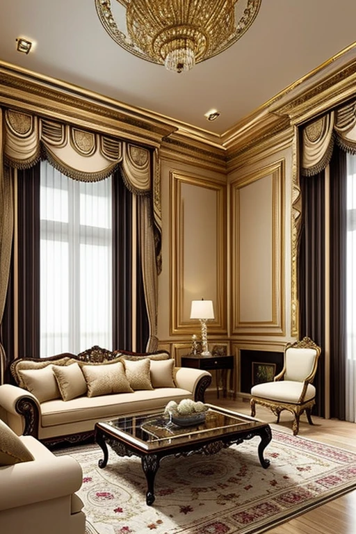 Living room decorated in European style, a luxurious and refined atmosphere. Intricate interior decoration details emphasize the refined style of the room, while a carefully considered decoration design adds an impeccable finishing touch