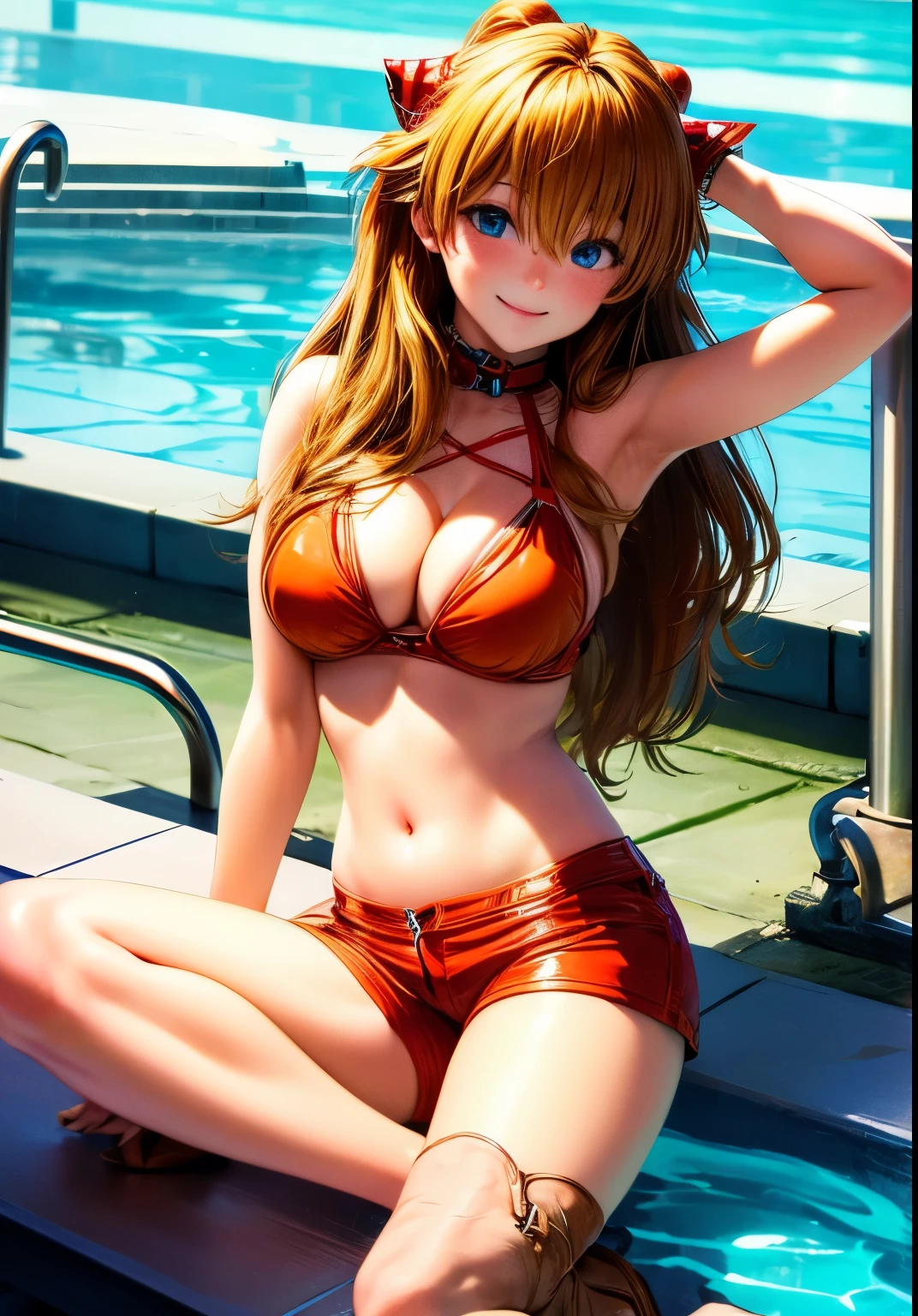 masterpiece, highest quality, girl 1、Asuka、top quality、An illustration、Beautiful eyes with attention to detail、bed、whole body、fun、bright、smile、Decisive face、pool、bench、whole body、valley、big breasts,bikini、shorts