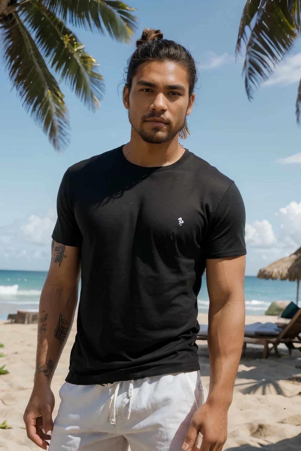 ((best quality)), ((masterpiece)), ((high res)), ((perfect photograph)), ((realistic)), (perfect face), handsome Polynesian man wearing a straight black shirt, looking towards the sun, light shining on shirt, no wrinkles in shirt, standing towards the camera, on beach, man bun hair, tattoos, scruffy facial hair, skinny, tall, wearing white shorts, happy, sunny day