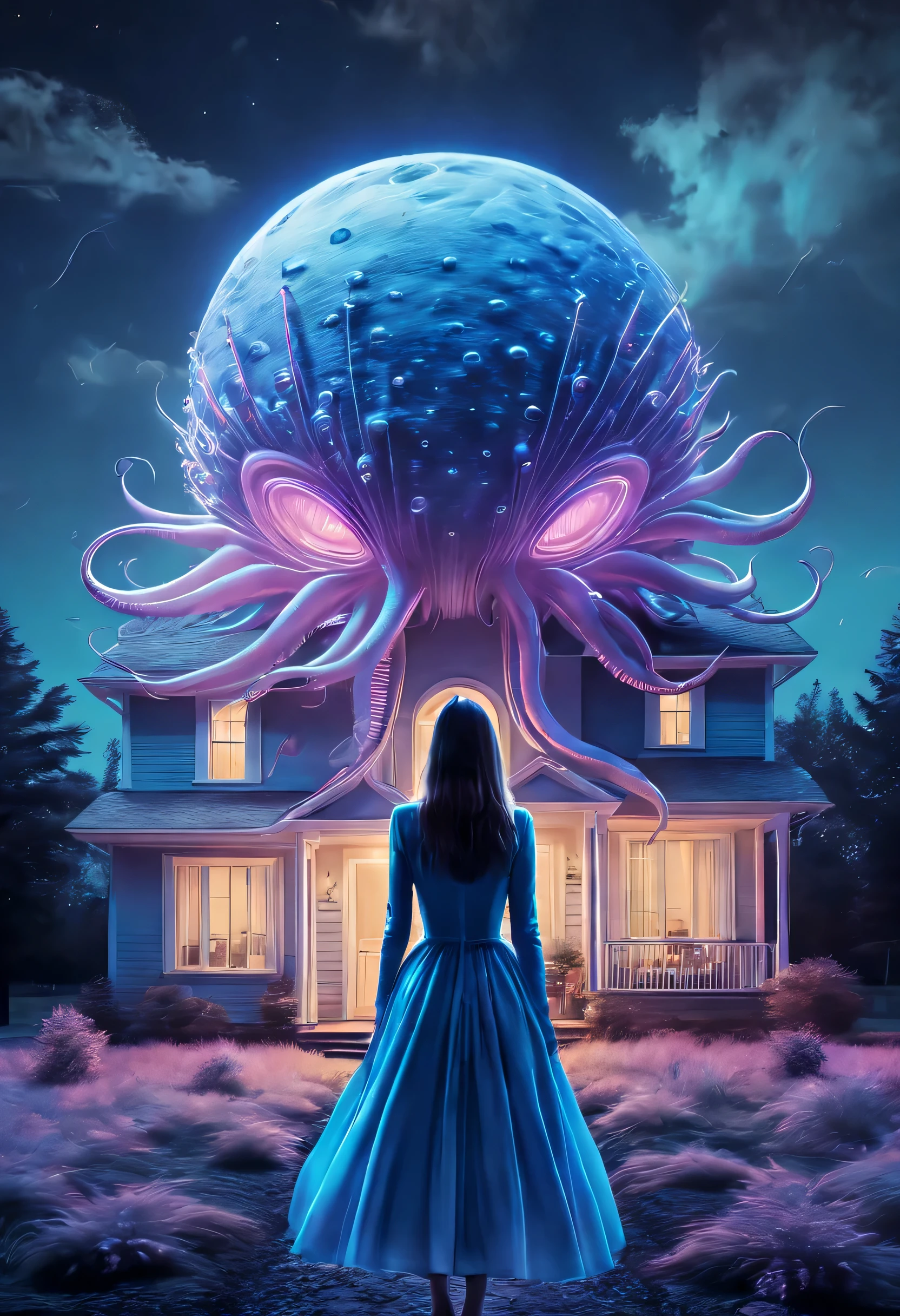 A ufo descend upon a house at night, its tentacles are pulling up a buxom woman with a big butt dressed in a blue night gown, use soft color tones