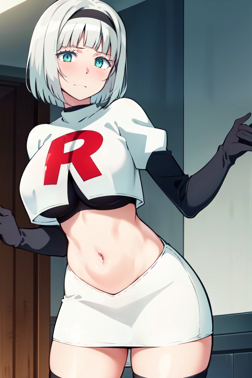 (masterpiece, best quality, ultra-detailed), AnnaNishikinomiya, white hair, aqua eyes, short hair, hairband, large breasts, team rocket,team rocket uniform,white skirt,crop top,black thigh-highs,black elbow gloves,