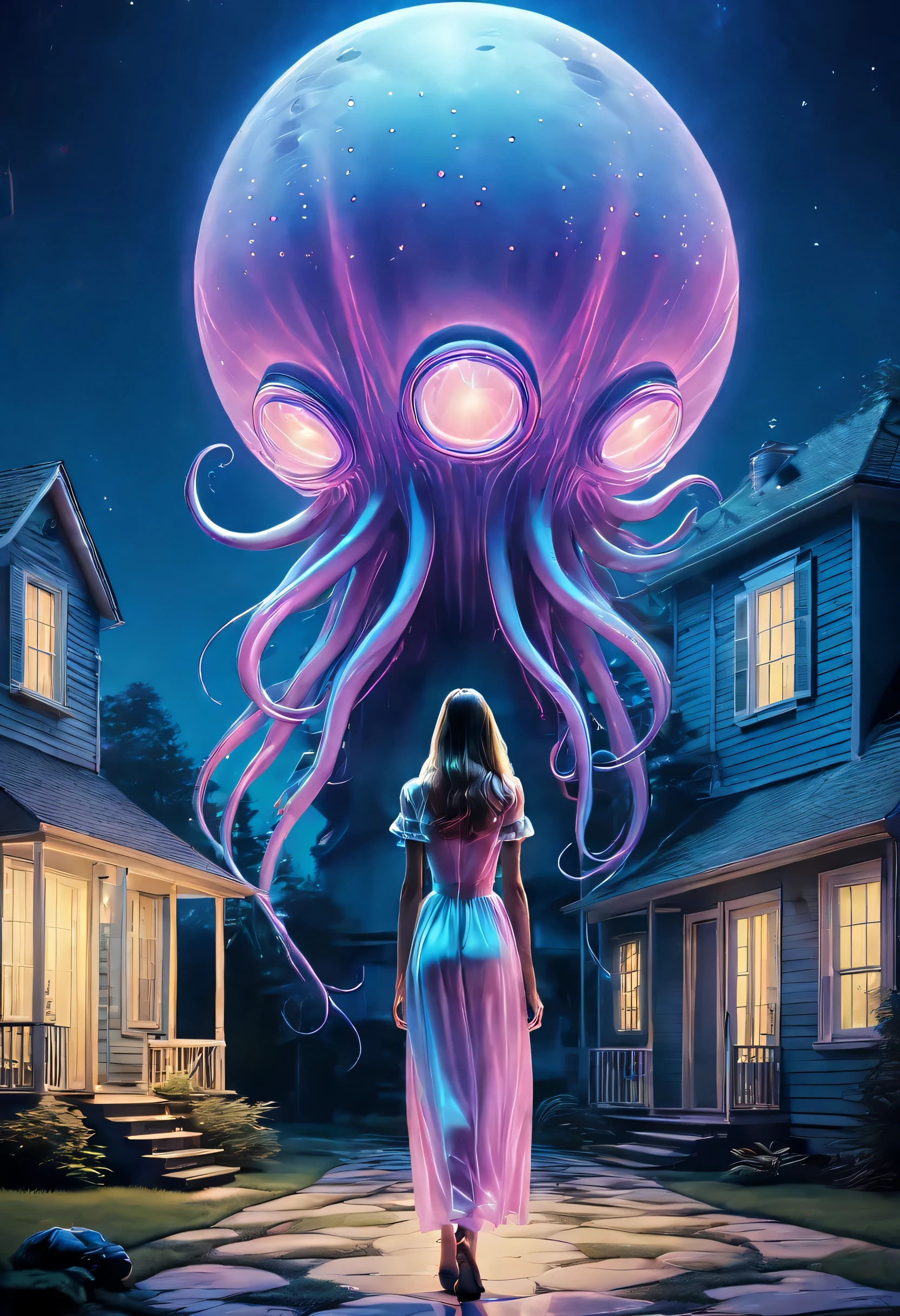 A ufo descend upon a house at night, its tentacles are pulling up a buxom woman with a big butt dressed in a blue night gown, use soft color tones