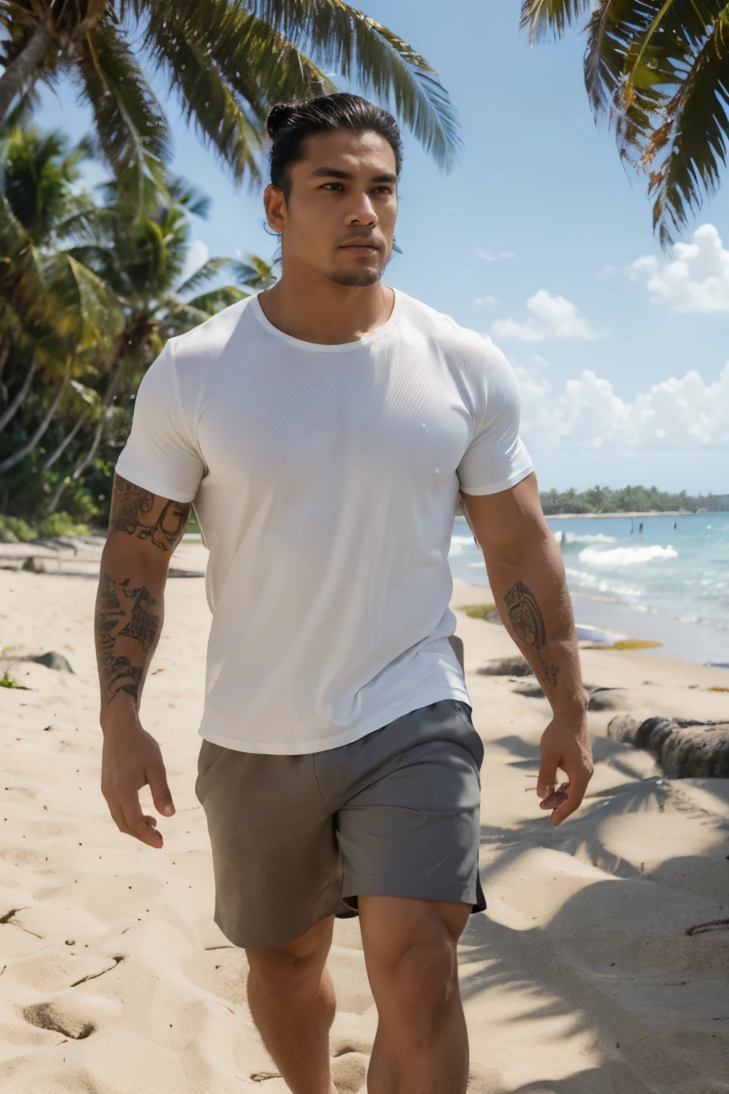 Tony Labrusca, A handsome, muscular young Asian man looks at the camera. In a plain blue t-shirt , Fieldside, grass, beach, sunlight