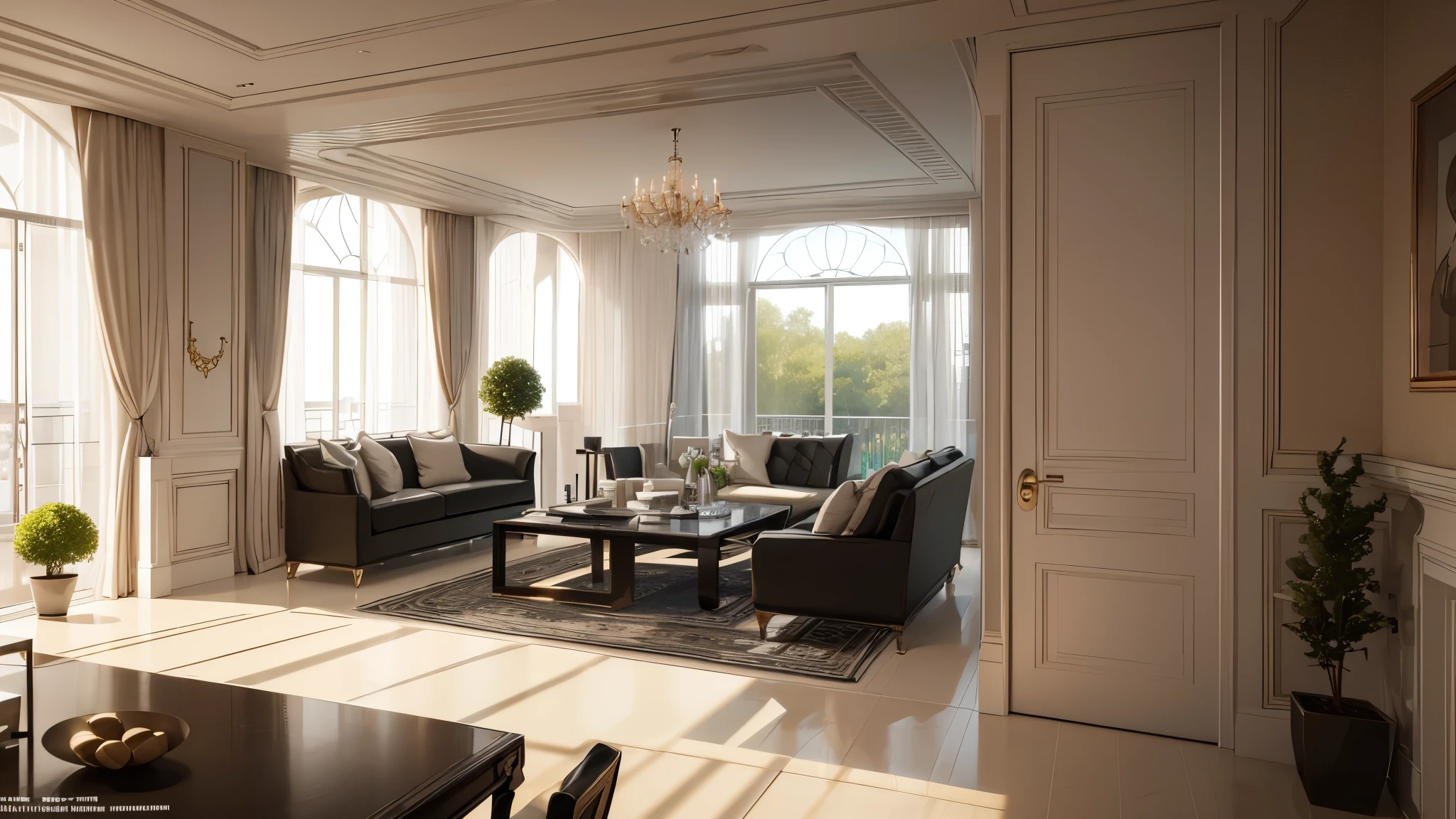 You are a famous interior designer、You have been asked to create a 3D image of a modern large room. Create a harmonious environment with modern and minimalist furniture. Including garden interior.