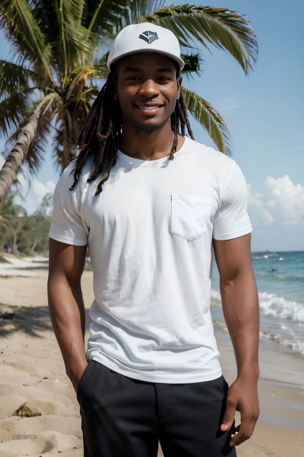 ((best quality)), ((masterpiece)), ((highres)), ((perfect photograph)), ((realistic)), (perfect face), handsome black man wearing a straight white shirt, no pockets on white shirt, standing square in front of the camera on a beach, wearing a hat, short dreads, smiling, hand in pocket of black shorts, sunny day