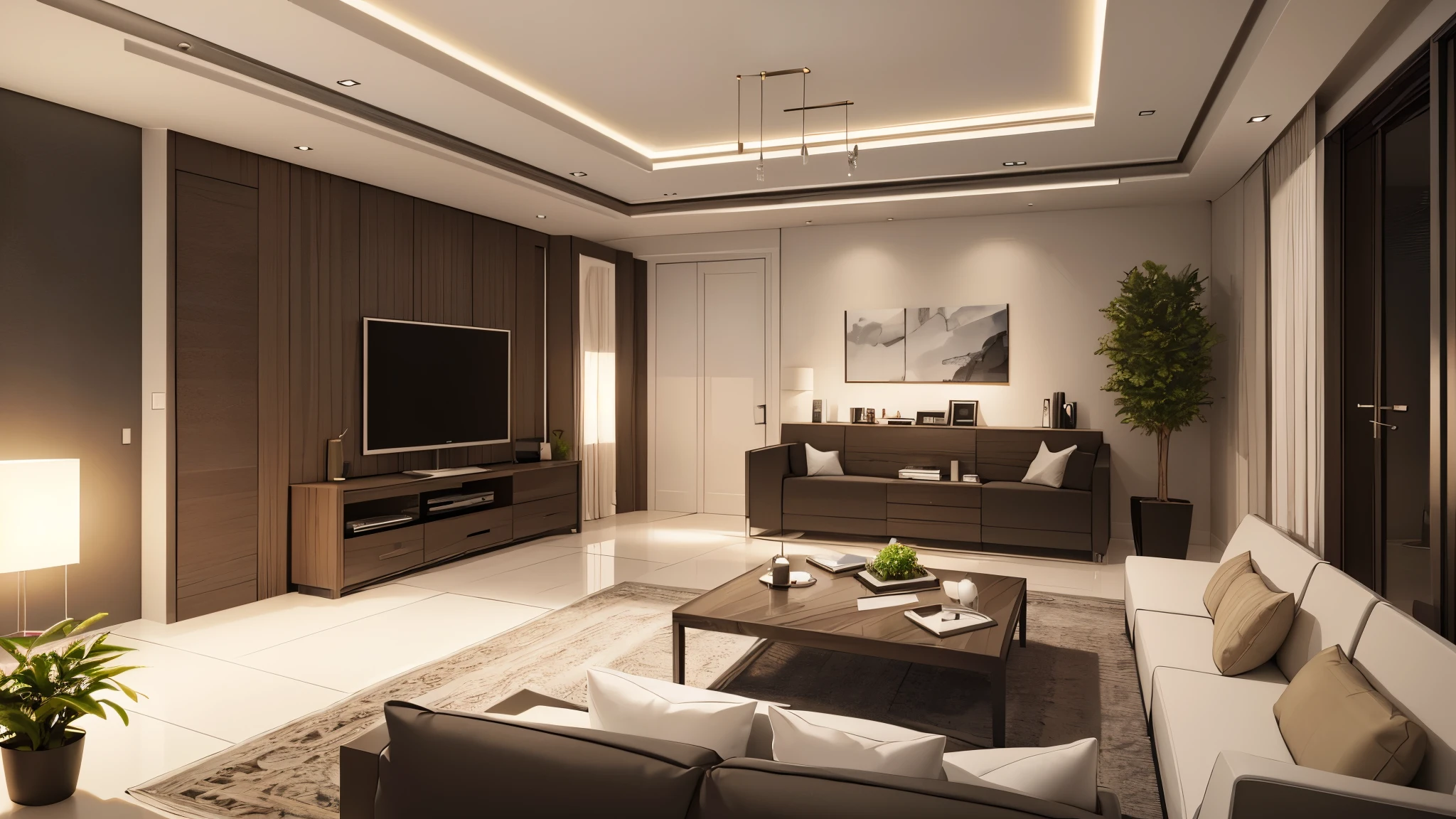 You are a famous interior designer、You have been asked to create a 3D image of a modern large room. Create a harmonious environment with modern and minimalist furniture. Including garden interior.