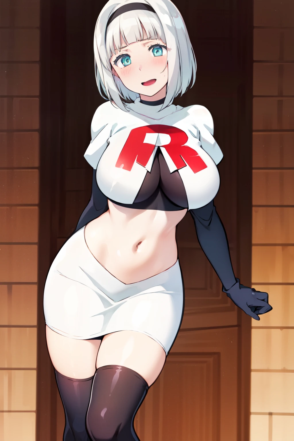 (masterpiece, best quality, ultra-detailed), AnnaNishikinomiya, white hair, aqua eyes, short hair, hairband, large breasts, team rocket,team rocket uniform,white skirt,crop top,black thigh-highs,black elbow gloves,