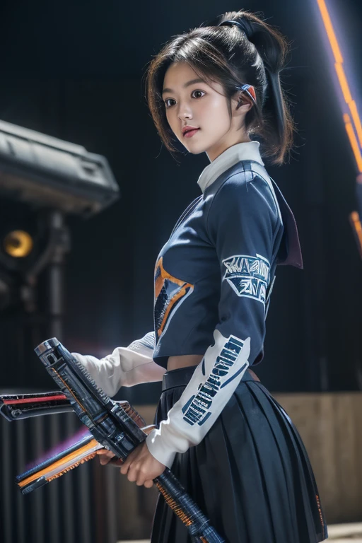 op quality, masterpiece, extremely detailed CG unity 16K wallpaper, ultra-high resolution, high definition, (perfect body, correct anatomy:1.5), (from front view:1.4), (from below:1.2), dynamic, professional photo, raw photo, photorealistic, cinematic lighting, 1 girl, ((Japanese teen, 15 years old:1.1)), ((super heroine, mecha-musume:1.3)), cowboy shot, solo, looking at viewer, intricately detailed face, hyper-realistic skin texture, brown hair, (ponytail, short hair:1.2), glossy hair, highly detailed skin, highly detailed eyes, dark eyes, bright eyes, ultra-realistic nose and lips, slim outline of the face, expressive face, expressionless, ((white serafuku, long sleeves:1.4)), slender, beautiful breast breast, ((dark blue pleated skirt:1.3)), ((perfect body proportion:1.1)), ((highly weaponized body:1.5)), mechanical body armor, (((holding a huge blaster rifle:1.5))), (((in combat with evil combatant:1.3))), shooting the blaster rifle against enemy, daytime, noon, countryside, shinto shrine,