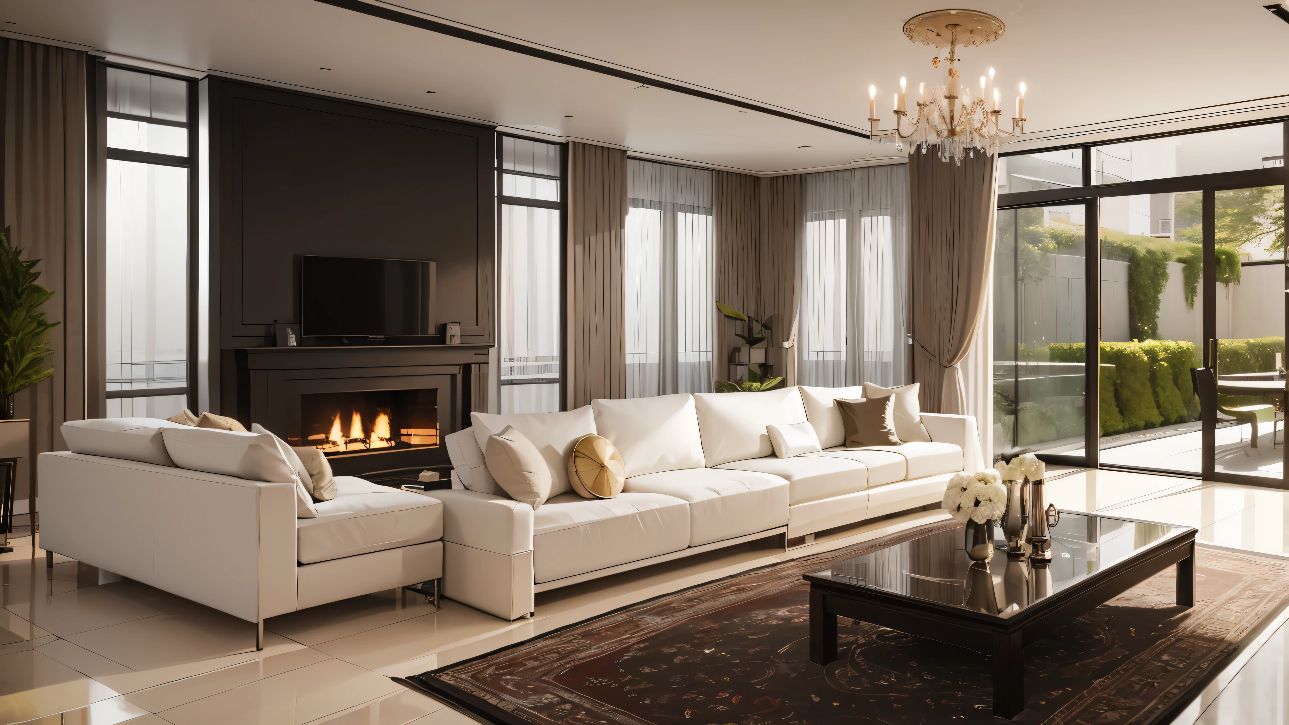 You are a famous interior designer、You have been asked to create a 3D image of a modern large room. Create a harmonious environment with modern and minimalist furniture. Including garden interior.
