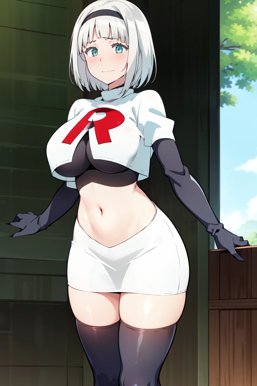 (masterpiece, best quality, ultra-detailed), AnnaNishikinomiya, white hair, aqua eyes, short hair, hairband, large breasts, team rocket,team rocket uniform,white skirt,crop top,black thigh-highs,black elbow gloves,