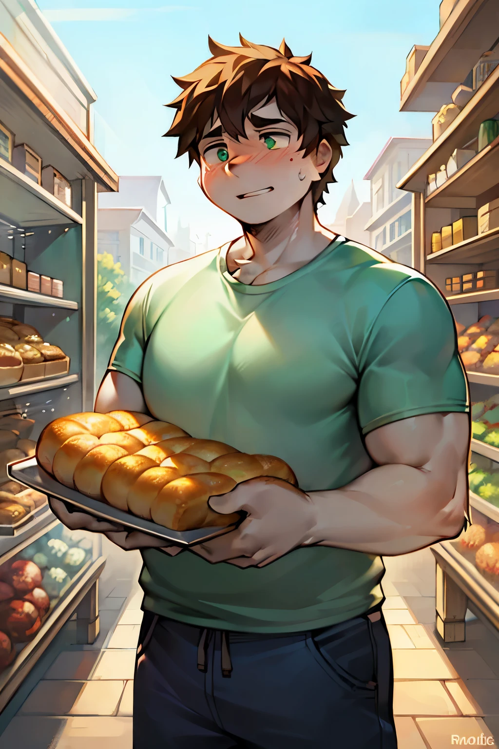 A vivid and realistic image of a triumphant man, with a sage old expression etched on his face, proudly holding up a freshly-baked loaf of bread from the shop. He is the sole focus of the scene, dressed in worn-out pants and a faded shirt, revealingsweats and the sheer joy of his accomplishment. The intricately detailed bakery shop, filled with the aroma of freshly baked goods, serves as a vibrant and lively background. The man's attire, slightly disheveled, adds to the authenticity of the scene. The soft, natural light bathes the scene, casting gentle shadows on the man's features and the shop'