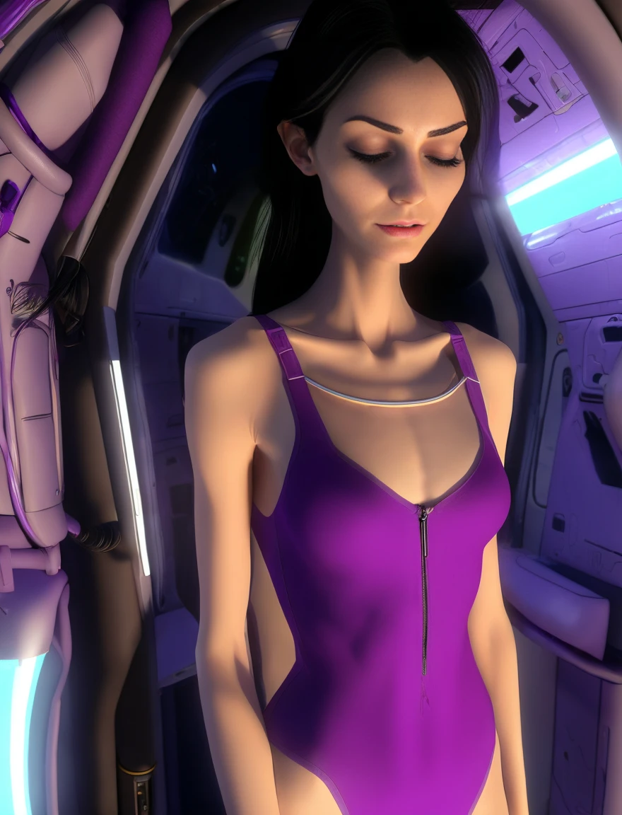 2d anorexic cartoon woman, she has a long neck, she has long black hair.mature. she wears a purple v-neck skin tight body suit. She  inside a stasis pod capsule in space. She  asleep with her eyes closed. She is heavily coughing 