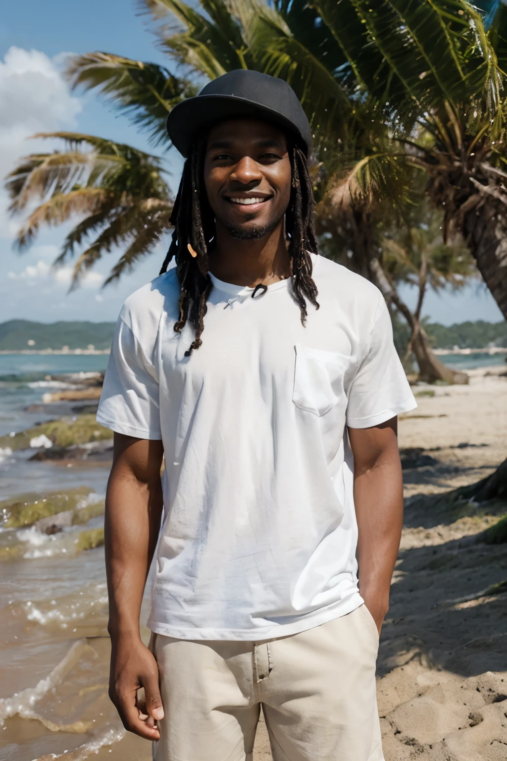 ((perfect landscape photograph)), ((realistic)), (perfect face), handsome black man wearing a straight white shirt, standing square in front of the camera on a beach, wearing a hat, short dreads, smiling, hand in pocket of black shorts, sunny day