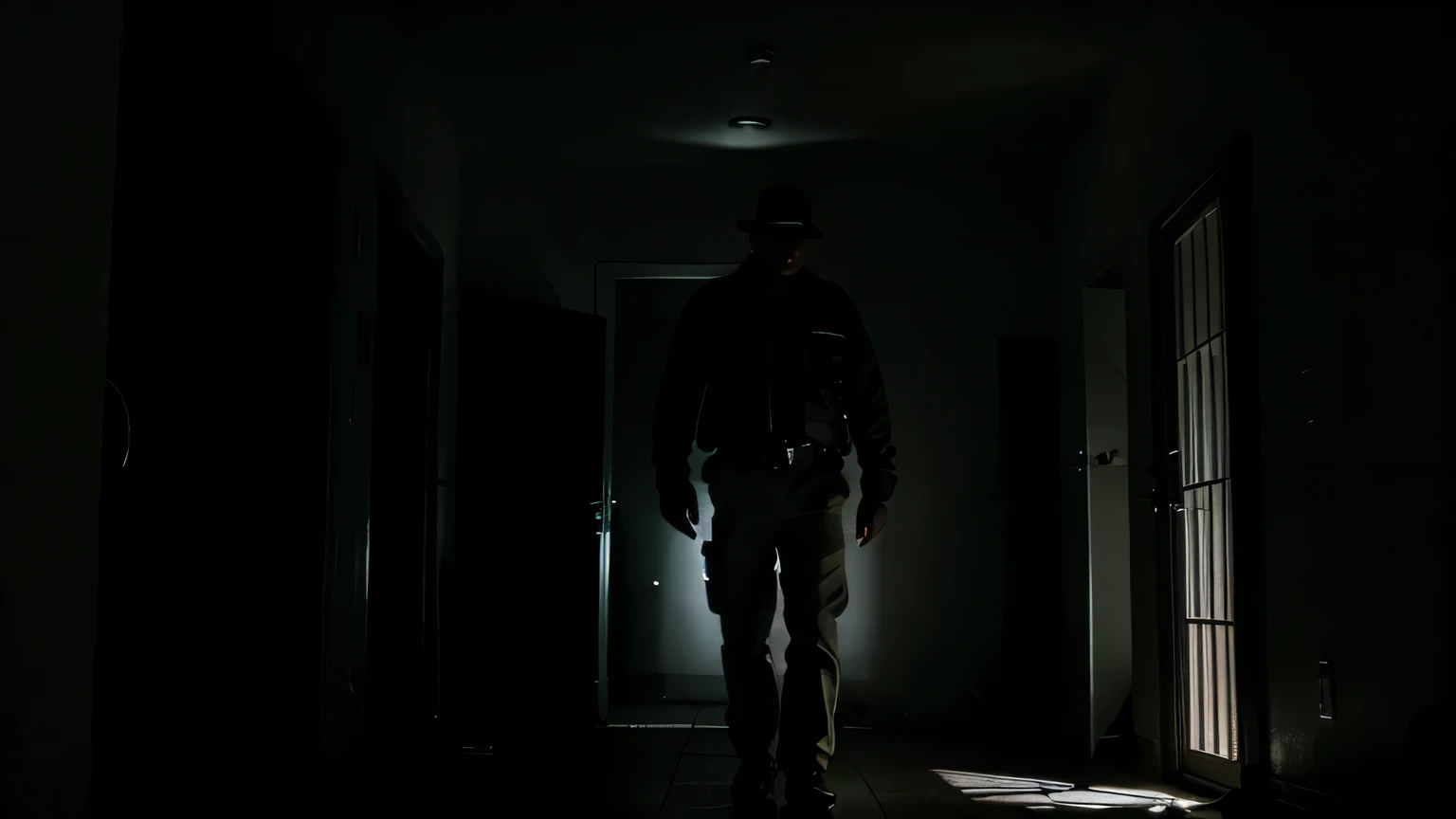 Detective Marcos, with a flashlight in his hand, enters the dark and gloomy house.
