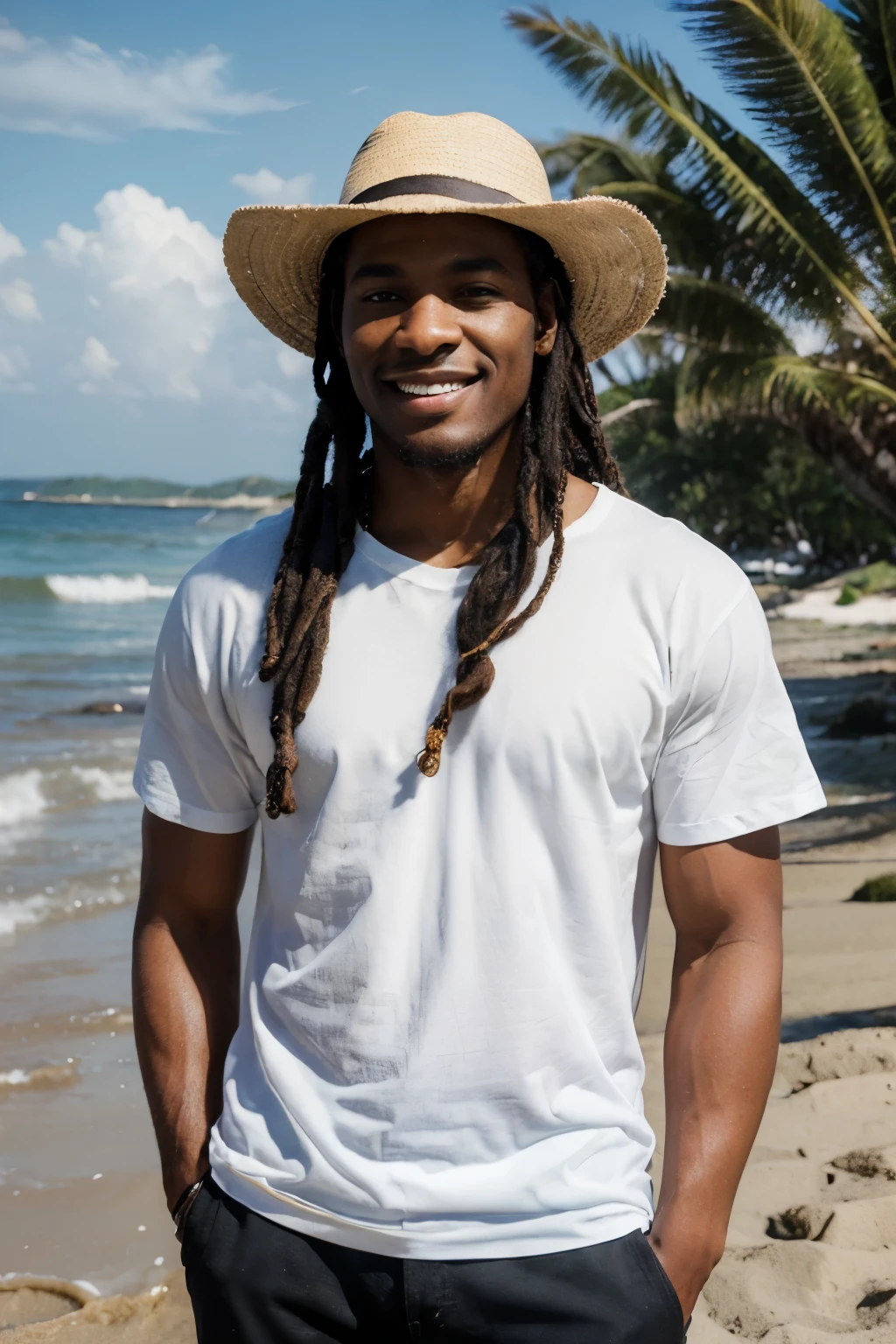 ((perfect landscape photograph)), ((realistic)), (perfect face), handsome black man wearing a straight white shirt, standing square in front of the camera on a beach, wearing a hat, dreads, smiling, sunny day
