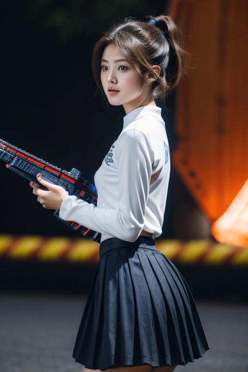 top quality, masterpiece, extremely detailed CG unity 16K wallpaper, ultra-high resolution, high definition, (perfect body, correct anatomy:1.5), (from front view:1.4), (dynamic:1.2), professional photo, raw photo, photorealistic, cinematic lighting, 1 girl, ((Japanese , 15 y)), ((super heroine, mecha-musume:1.3)), cowboy shot, solo, looking at viewer, intricately detailed face, hyper-realistic skin texture, brown hair, (ponytail, short hair:1.2), glossy hair, highly detailed skin, highly detailed eyes, dark eyes, bright eyes, ultra-realistic nose and lips, slim outline of the face, expressive face, expressionless, ((white serafuku, long sleeves:1.4)), slender, beautiful breast breast, ((dark blue pleated skirt:1.3)), ((perfect body proportion:1.1)), ((highly weaponized body:1.5)), mechanical body armor, (((holding a huge blaster rifle:1.5))), (((in combat against evil combatant:1.3))), shooting the blaster rifle against enemy, daytime, noon, countryside, shinto shrine,
