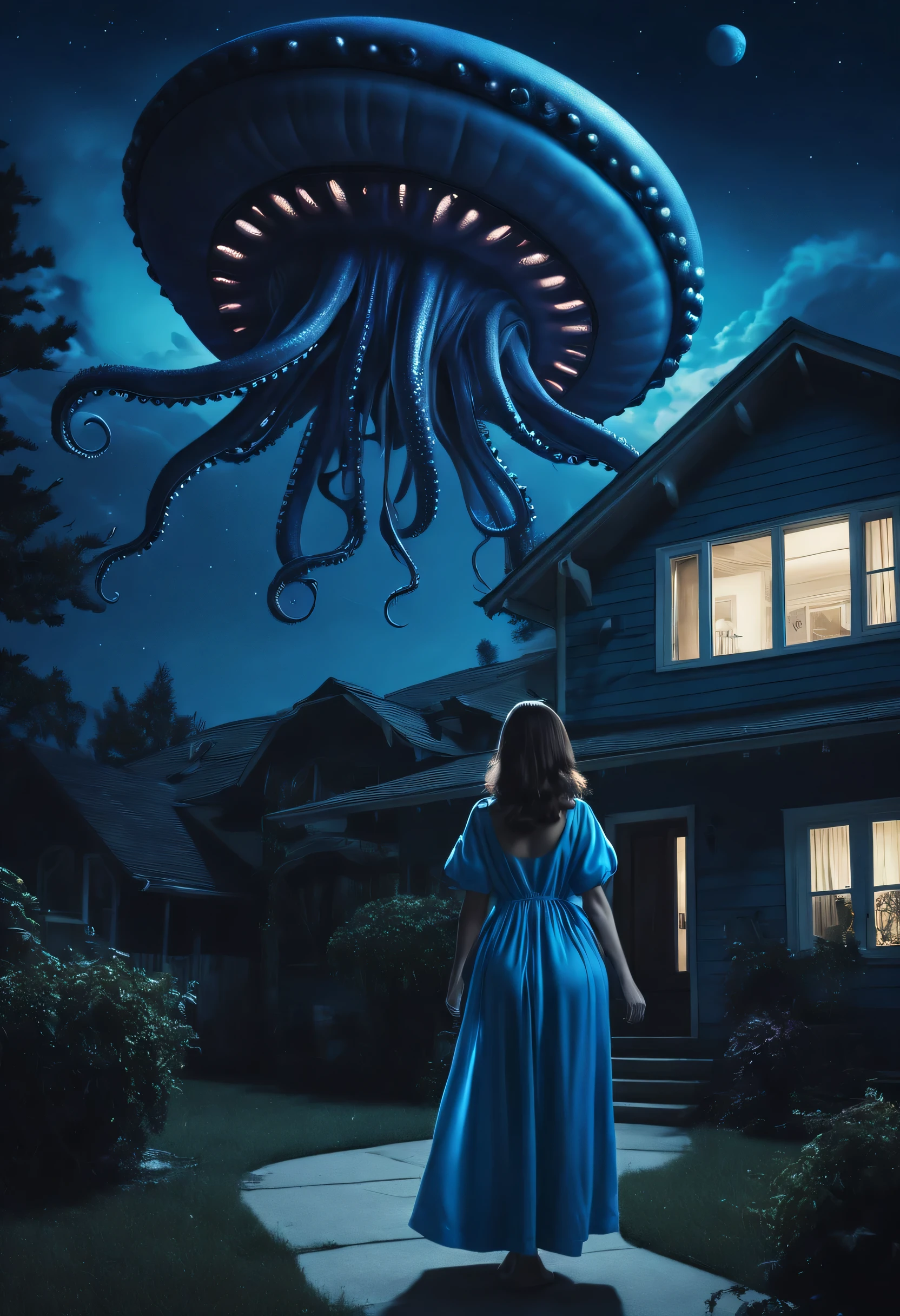 a beautiful young woman (Mila Kunis, age 25), wearing a sheer nightgown, standing in a trance-like state outside her house, a UFO hovering outside the window, extending giant slimy eldritch tentacles that restrain her arms and legs as it draws her into the UFO, dark moody lighting, cinematic composition, highly detailed, photorealistic, concept art style
