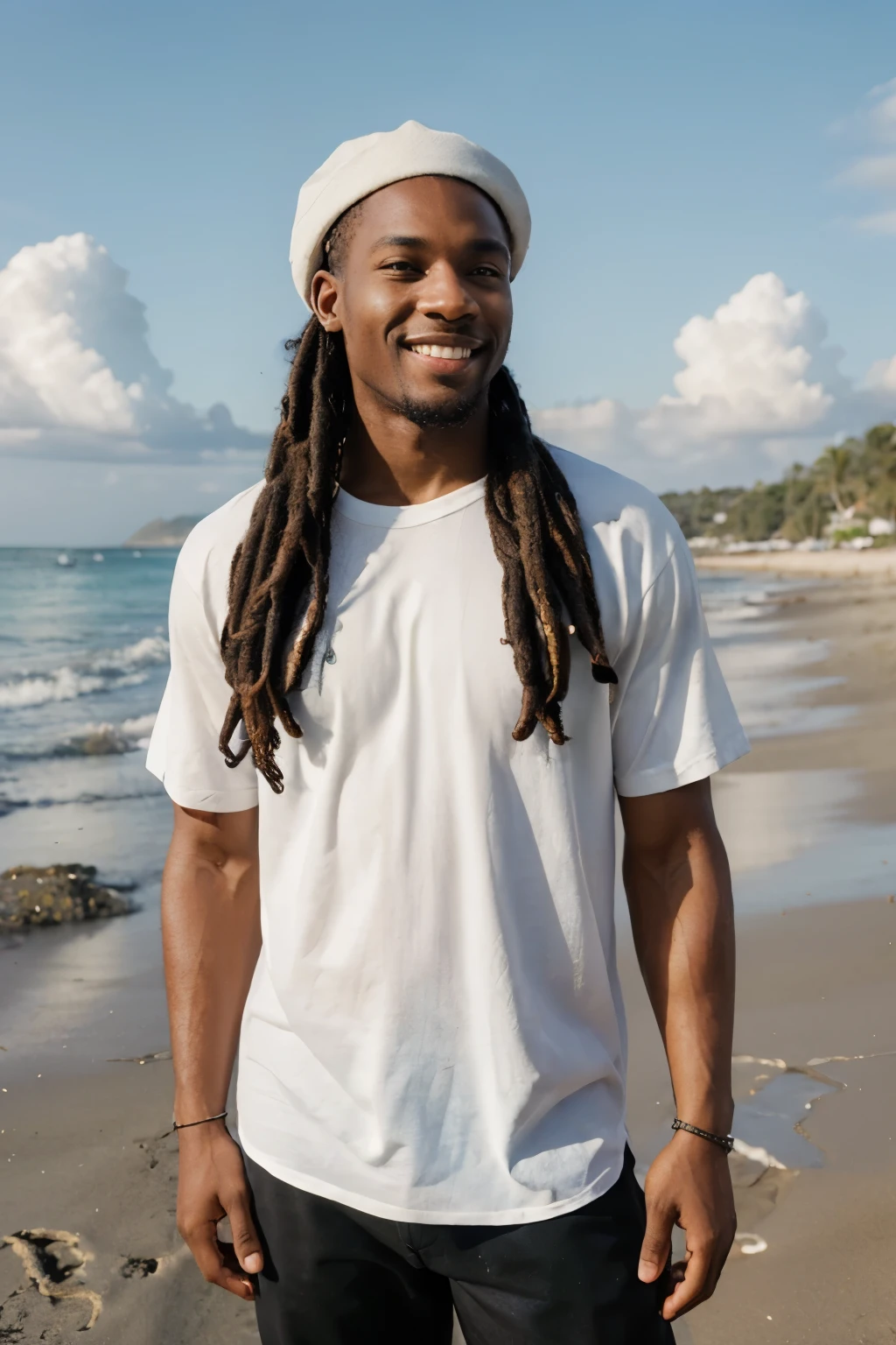 ((perfect landscape photograph)), ((realistic)), (perfect face), handsome black man wearing a straight white shirt, standing square in front of the camera on a beach, wearing a hat, dreads, smiling, sunny day