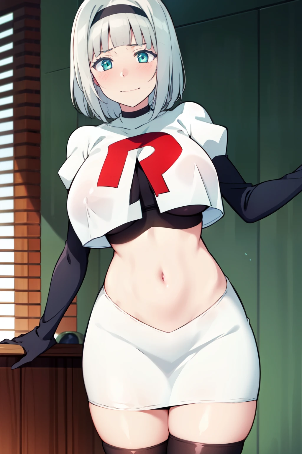 (masterpiece, best quality, ultra-detailed), AnnaNishikinomiya, white hair, aqua eyes, short hair, hairband, , team rocket,team rocket uniform,white skirt,crop top,black thigh-highs,black elbow gloves,