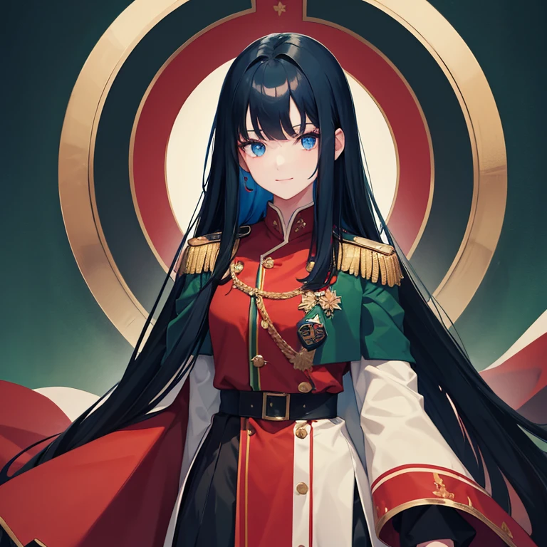 A girl with long black hair wearing a red and green military uniform,blue inner color in hair,have bangs,eyes are blue,shining blue eyes,red military uniform and green cloak,beauty,slight smile