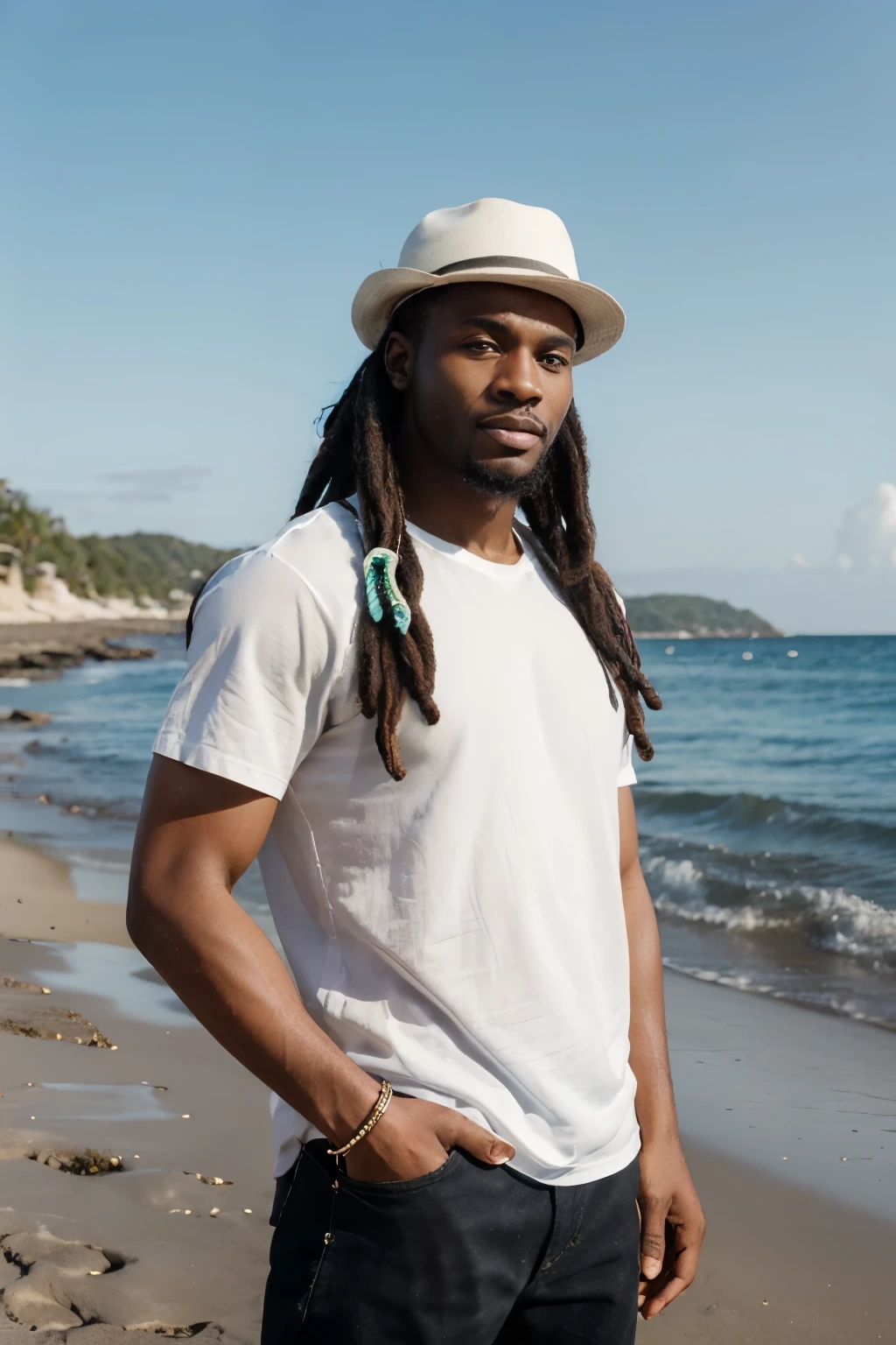 Black man with a visibly fit, defined physique , Rastafarian hair with dreads , wearing no shirt , with wet white swim trunks , coming out of the water on the beach