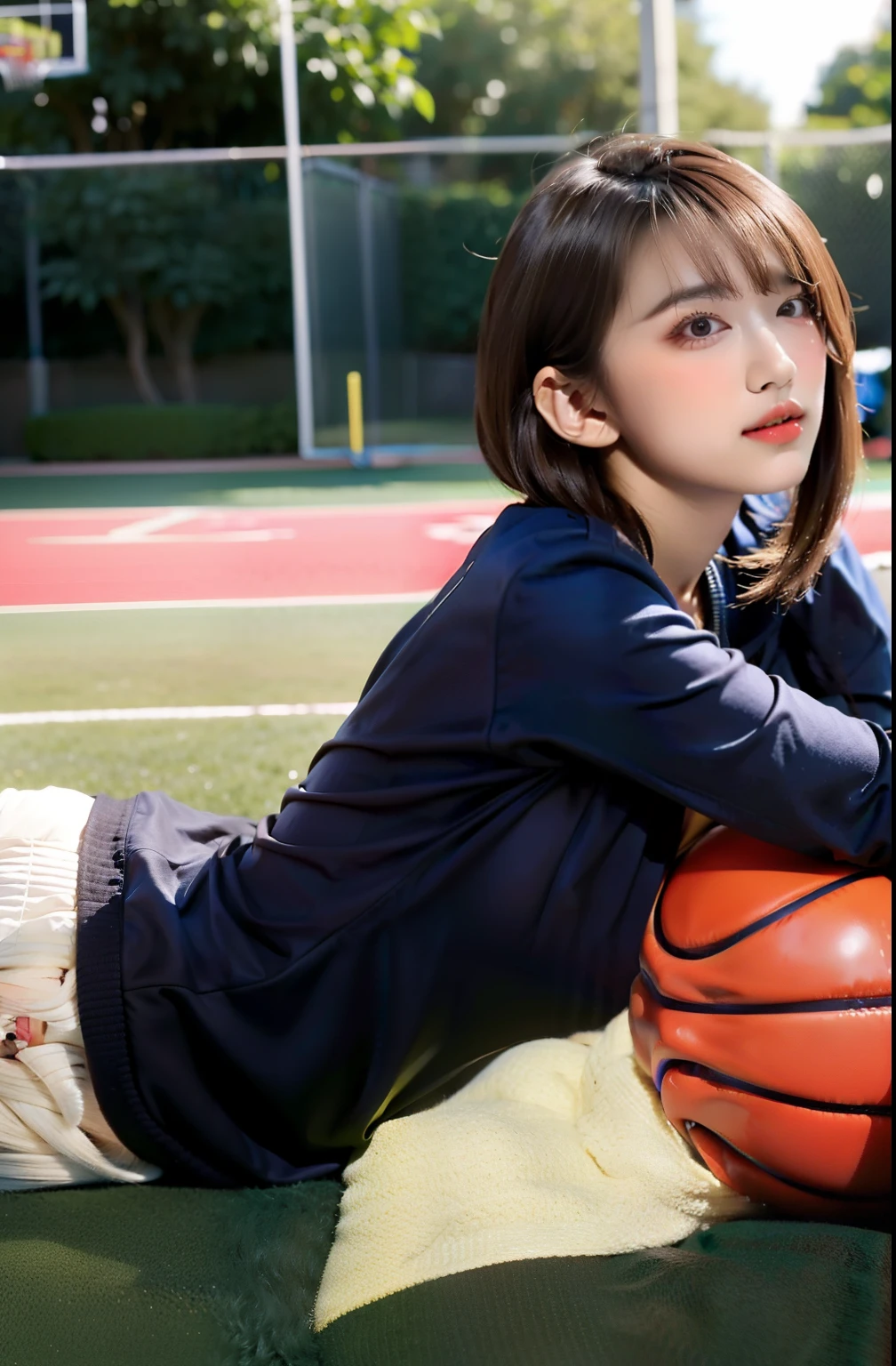 (8k,best qualtiy,tmasterpiece:1.2),(realisticlying,realisticlying:1.37),ultra - detailed,best qualtiy,超高分辨率,profesional lighting,フォトンマッピング,ラジオシティ,physically-based renderingt,cinmatic lighting,basketball playground,depth of fields,Clear focus,rays of sunshine,Good composition,(bokeh:1.2) 1girl,solo,(full bodyesbian),(Keep your mouth shut),美丽细致的眼睛,lewd poses,a narrow waist,basketball suit,brunette color hair,messy hair,Long hair flutters in the wind,(ulzzang-6500:1.2) mix4, hiqcgbody,gigantic cleavage breasts,Colossal tits,The groove exposes the original skin