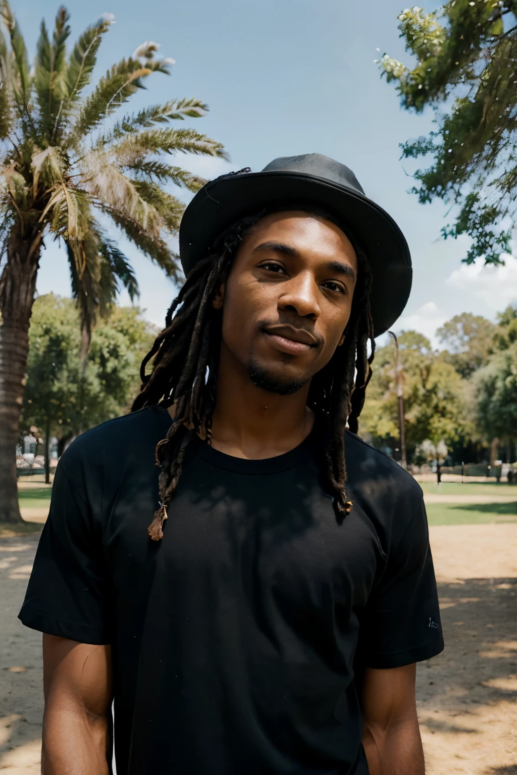 ((perfect landscape photograph)), ((realistic)), (perfect face), handsome black man wearing a straight black shirt, standing square in front of the camera, wearing a hat backwards, dreads, happy, reaching for the sky standing in a park, sunny day