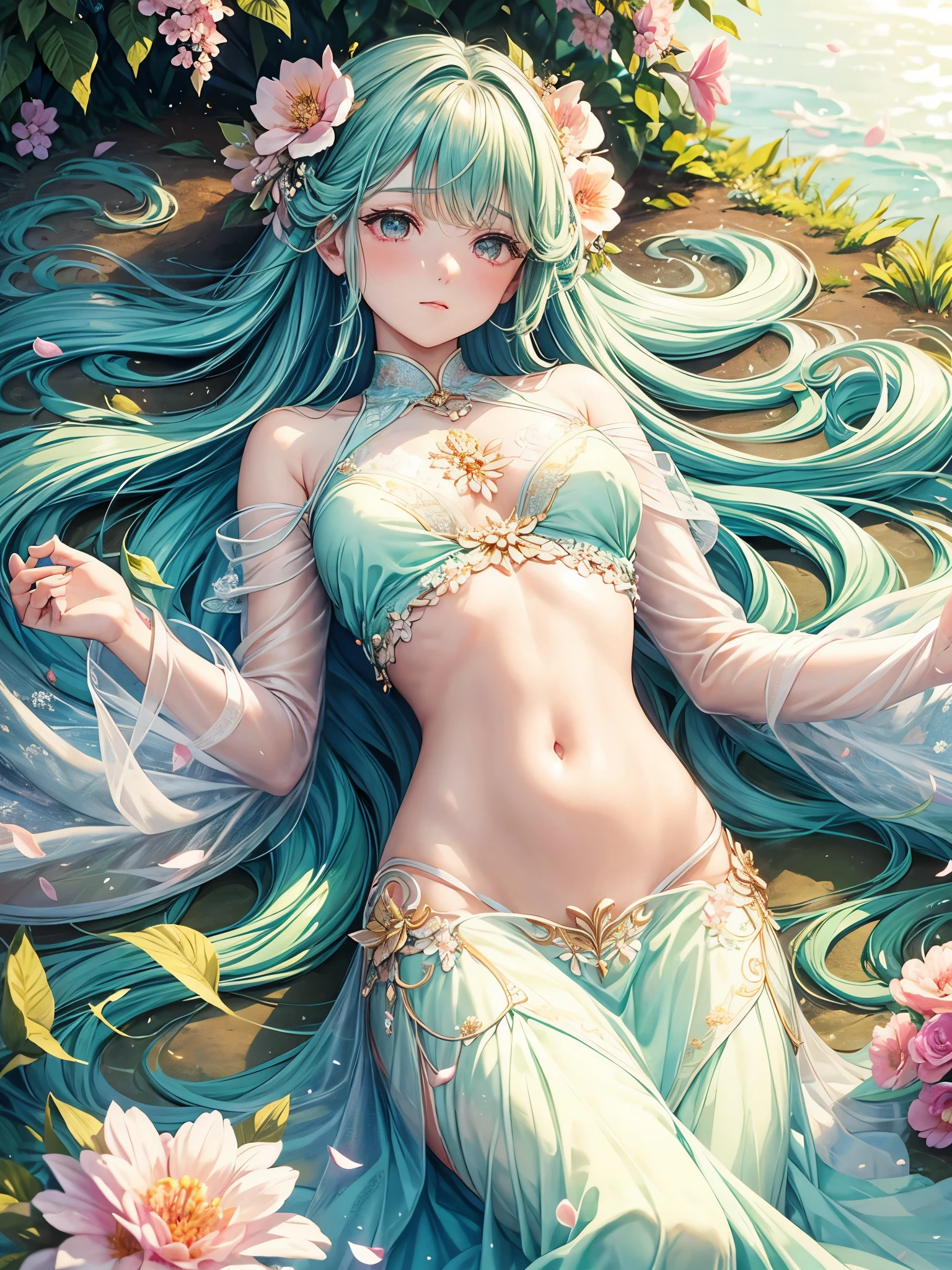 soft lighting, dreamy atmosphere, ethereal aesthetic, fantasy theme, nature elements, floral background, delicate details, flowing hair, whimsical pose, vibrant colors, flower petal falling, laying down on her stomach