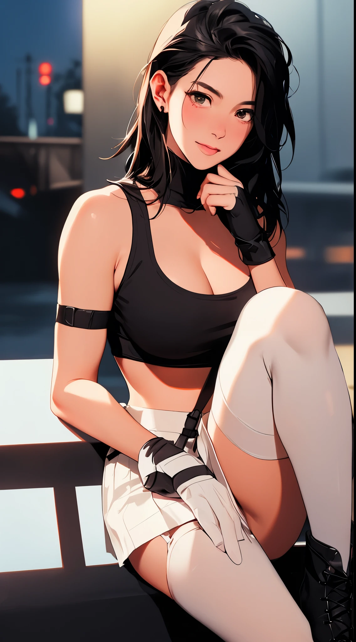 (8k, best quality, masterpiece:1.2), (realistic, photo-realistic:1.37), ultra-detailed, 1 female, solo, great muscles, (huge breast, beautiful detailed eyes), (smile:1.2), (closed mouth), standing pose, depth of field, dark intense shadows, sharp focus, good composition, (nose blush), single elbow pad, ankle boots, black hair, red boots, elbow gloves, elbow pads, fingerless gloves, sports bra, (suspender black skirt), thighhighs, white tank top, full body, head rest, lips, pretty face, low-tied long hair, (night:1.3), intricate, bokeh, cinematic lighting, photon mapping, radiosity, physically-based rendering, (Tetsuya Nomura style), nsfw, perfect breasts